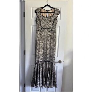 Size 10 Zac Posen Black and Cream Silk Dress with Lace Overlay - Mermaid Style